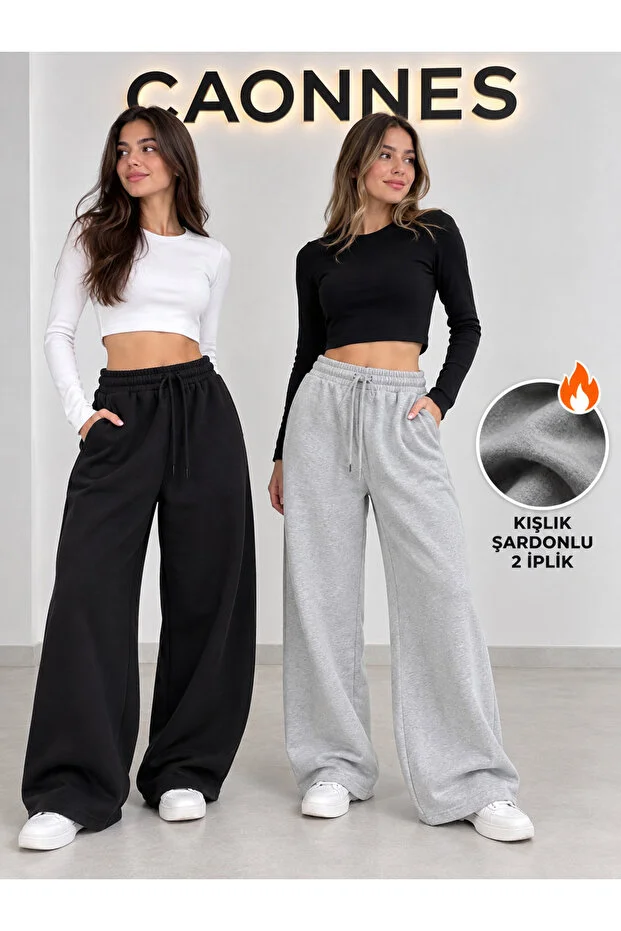 Kışlık Şardonlu Kadın 2'li Eşofman Altı (Siyah-Gri) Oversize Rahat Kalıp Geniş Paça Yıkamalı Tüylenme Yapmaz